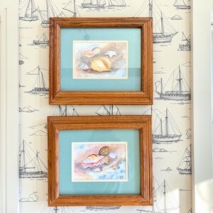 Vintage Teal & Oak Framed Seashell Watercolor Prints